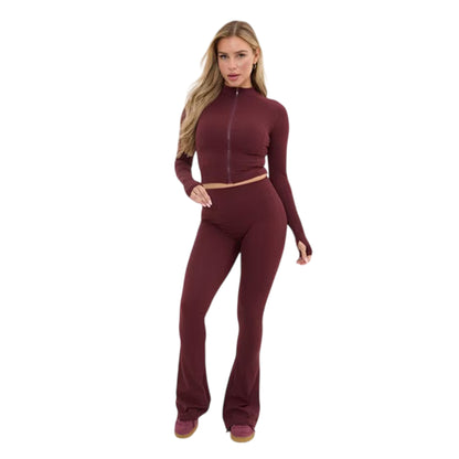 Burgundy - Side - I Saw It First Womens-Ladies Full Zip Long-Sleeved Crop Top