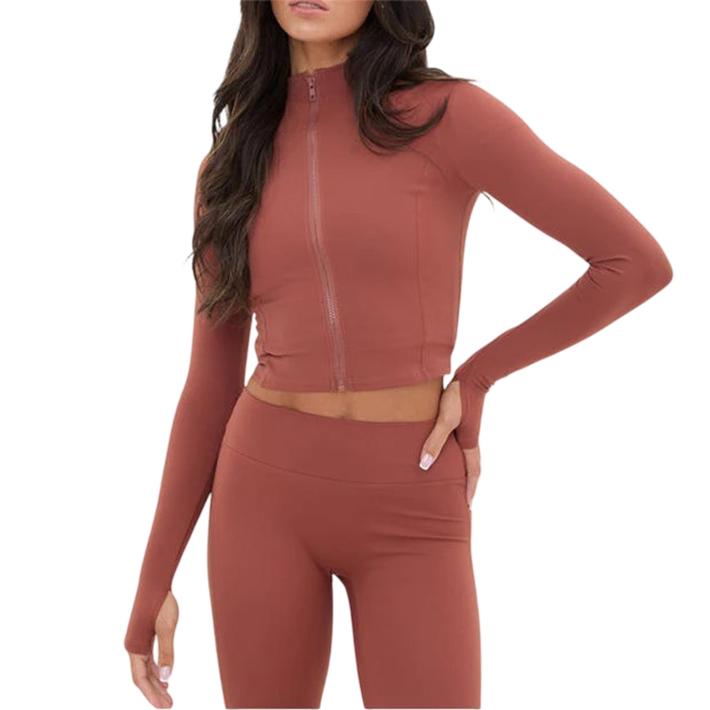 Mocha - Front - I Saw It First Womens-Ladies Full Zip Long-Sleeved Crop Top