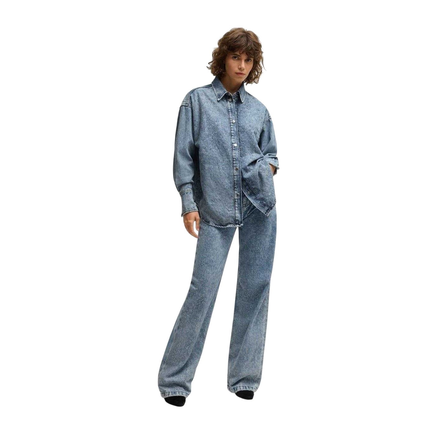 Dark Blue - Side - Boss Womens-Ladies Denim Relaxed Fit Long-Sleeved Shirt