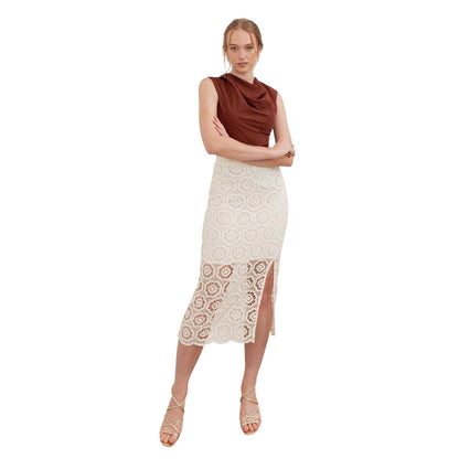 Cream - Side - Lovedrobe Womens-Ladies Floral Pattern Crochet High Waist Midi Skirt