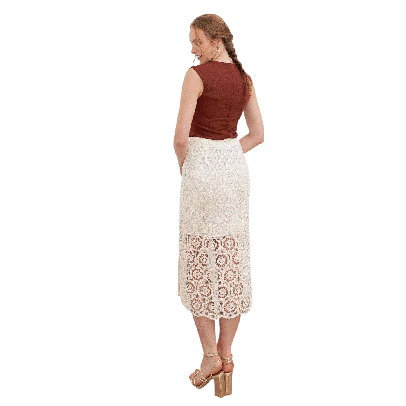 Cream - Lifestyle - Lovedrobe Womens-Ladies Floral Pattern Crochet High Waist Midi Skirt