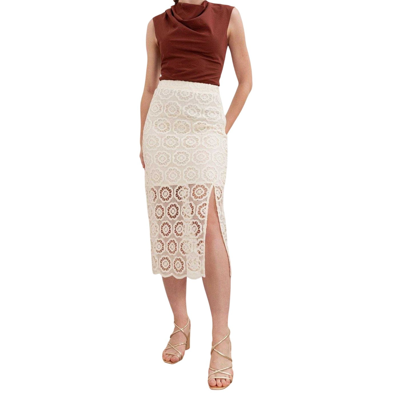 Cream - Front - Lovedrobe Womens-Ladies Floral Pattern Crochet High Waist Midi Skirt