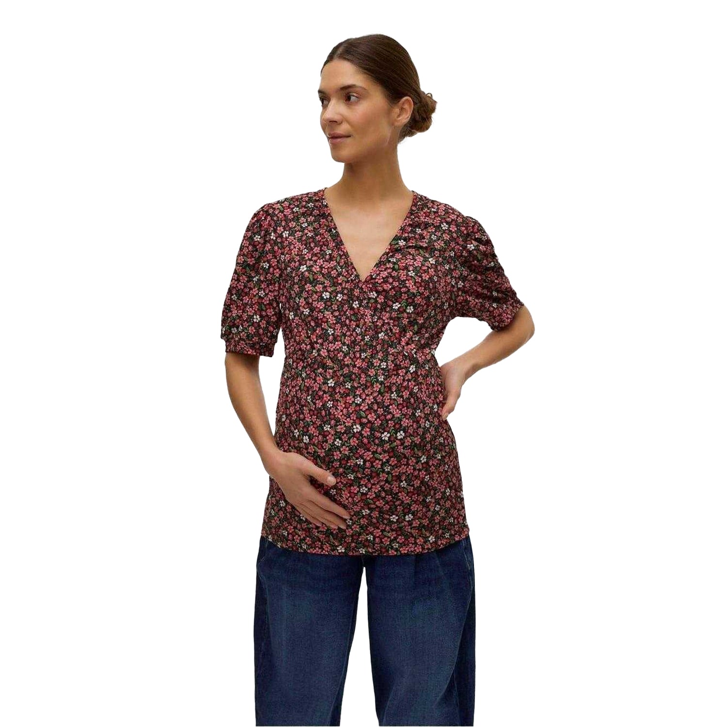 Black - Side - Mamalicious Womens-Ladies Floral Puff Sleeve T-Shirt