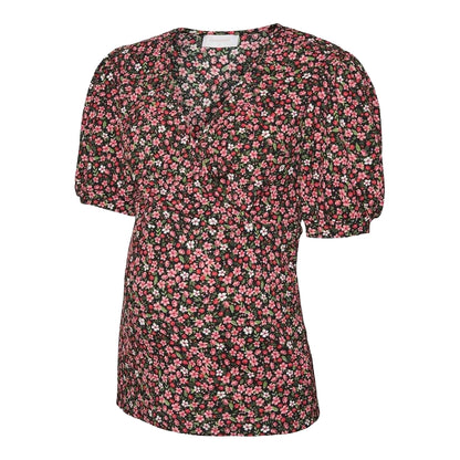 Black - Front - Mamalicious Womens-Ladies Floral Puff Sleeve T-Shirt