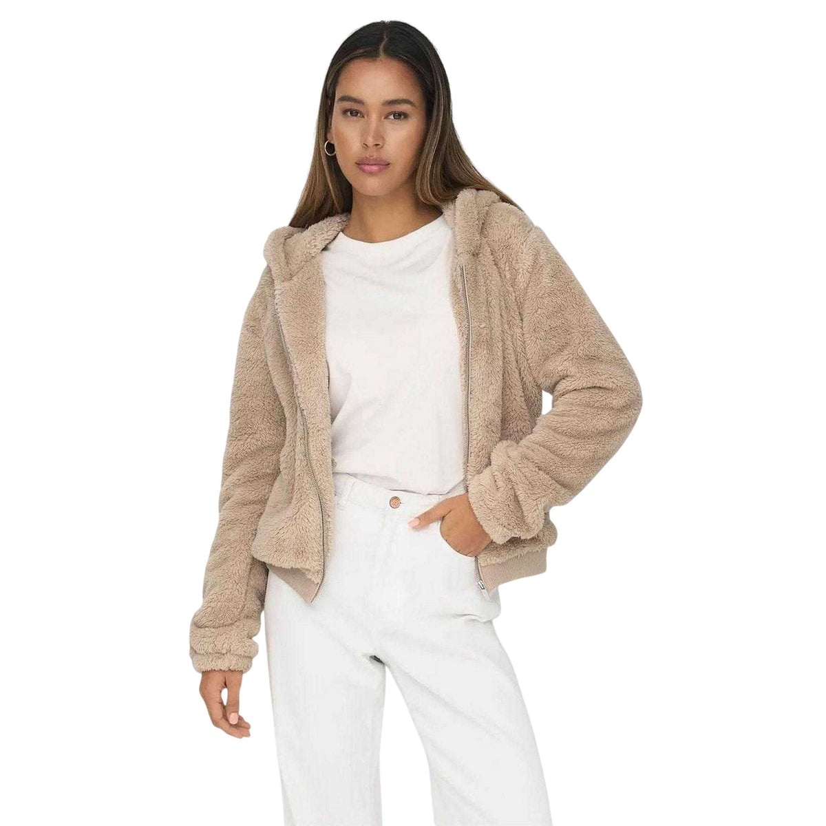 Beige - Side - Only Womens-Ladies Plain Teddy Fleece Jacket