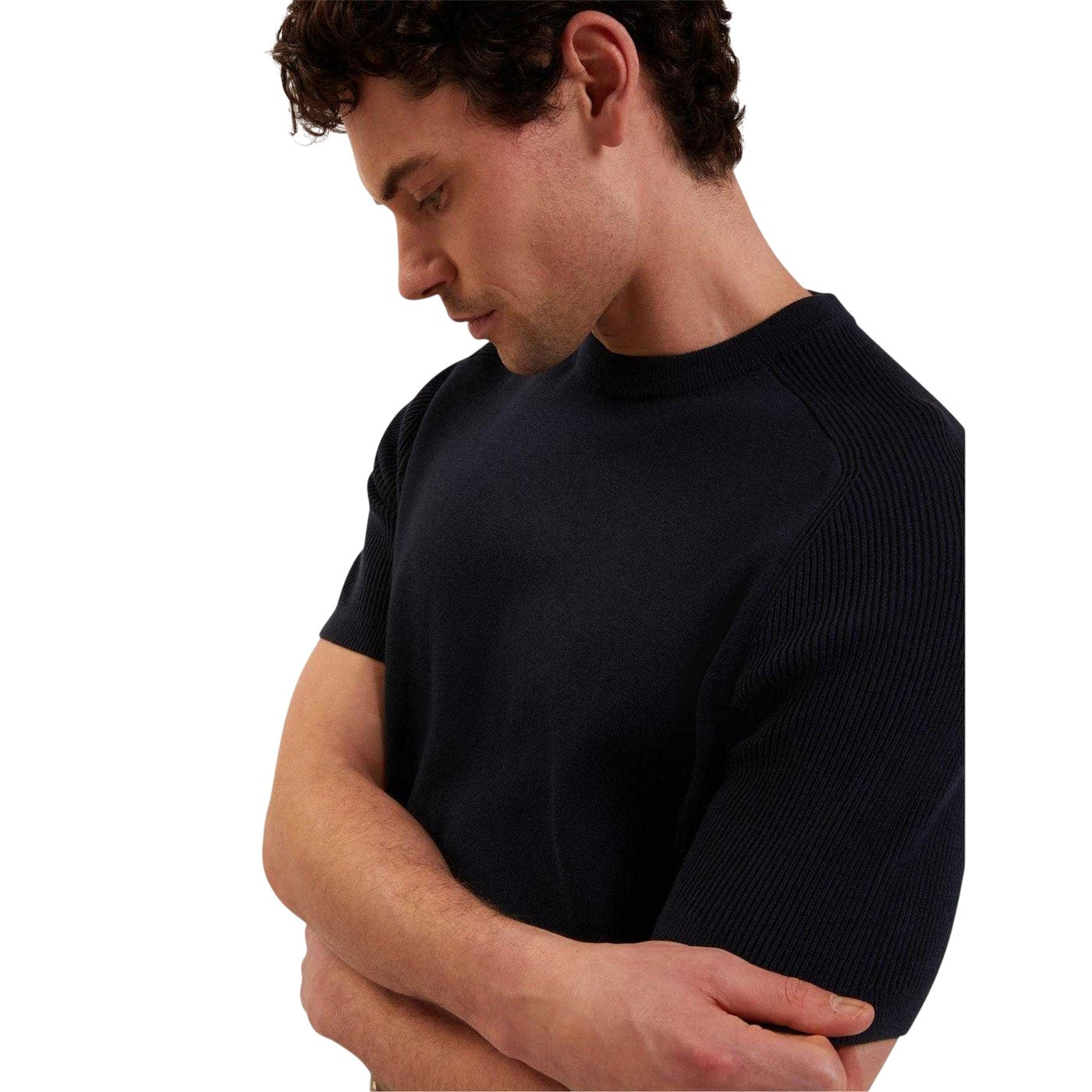 Navy - Side - Ted Baker Mens Torrent Wool Blend Ribbed Raglan T-Shirt