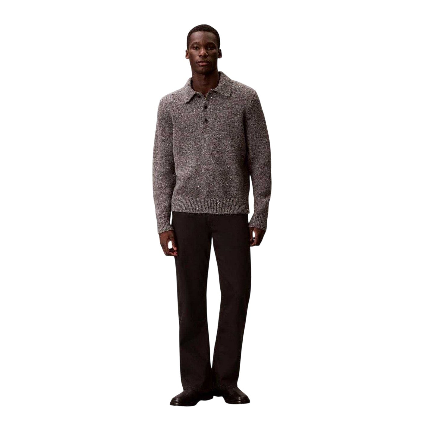 Grey Heather - Pack Shot - Calvin Klein Mens Heather Long-Sleeved Polo Sweatshirt