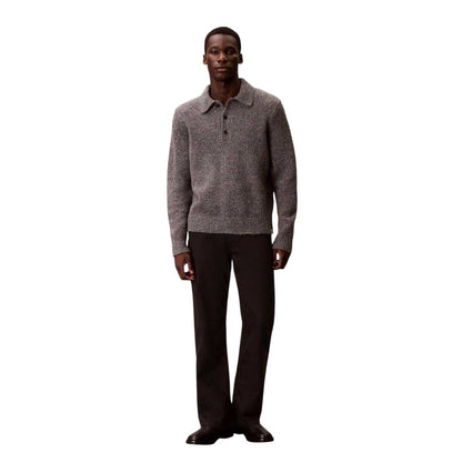 Grey Heather - Pack Shot - Calvin Klein Mens Heather Long-Sleeved Polo Sweatshirt
