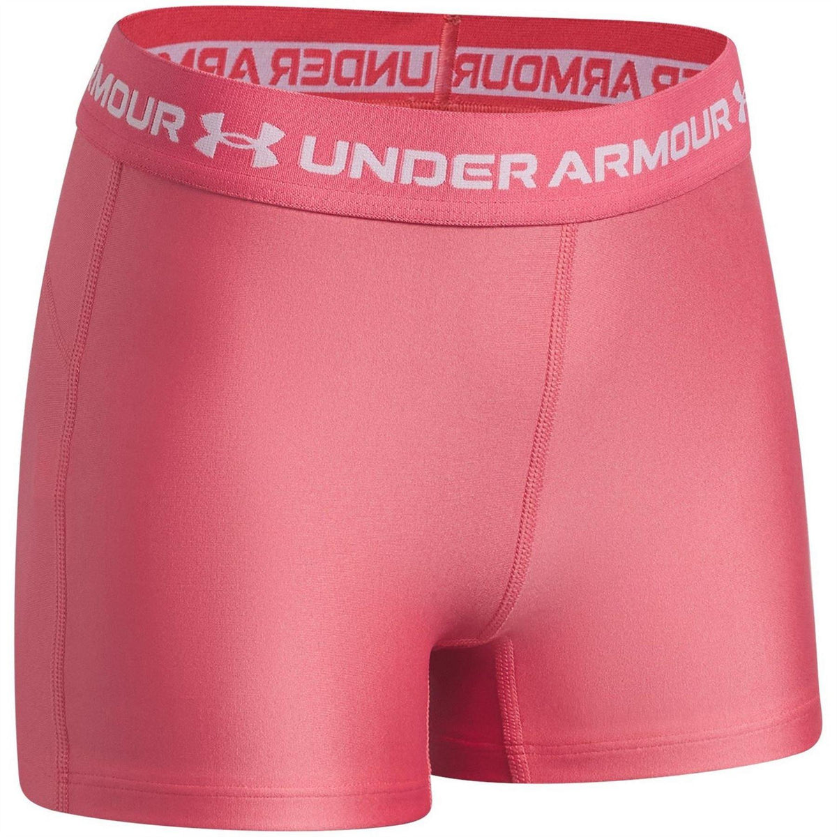 Pink-White - Side - Under Armour Girls HeatGear Workout Compression Shorts