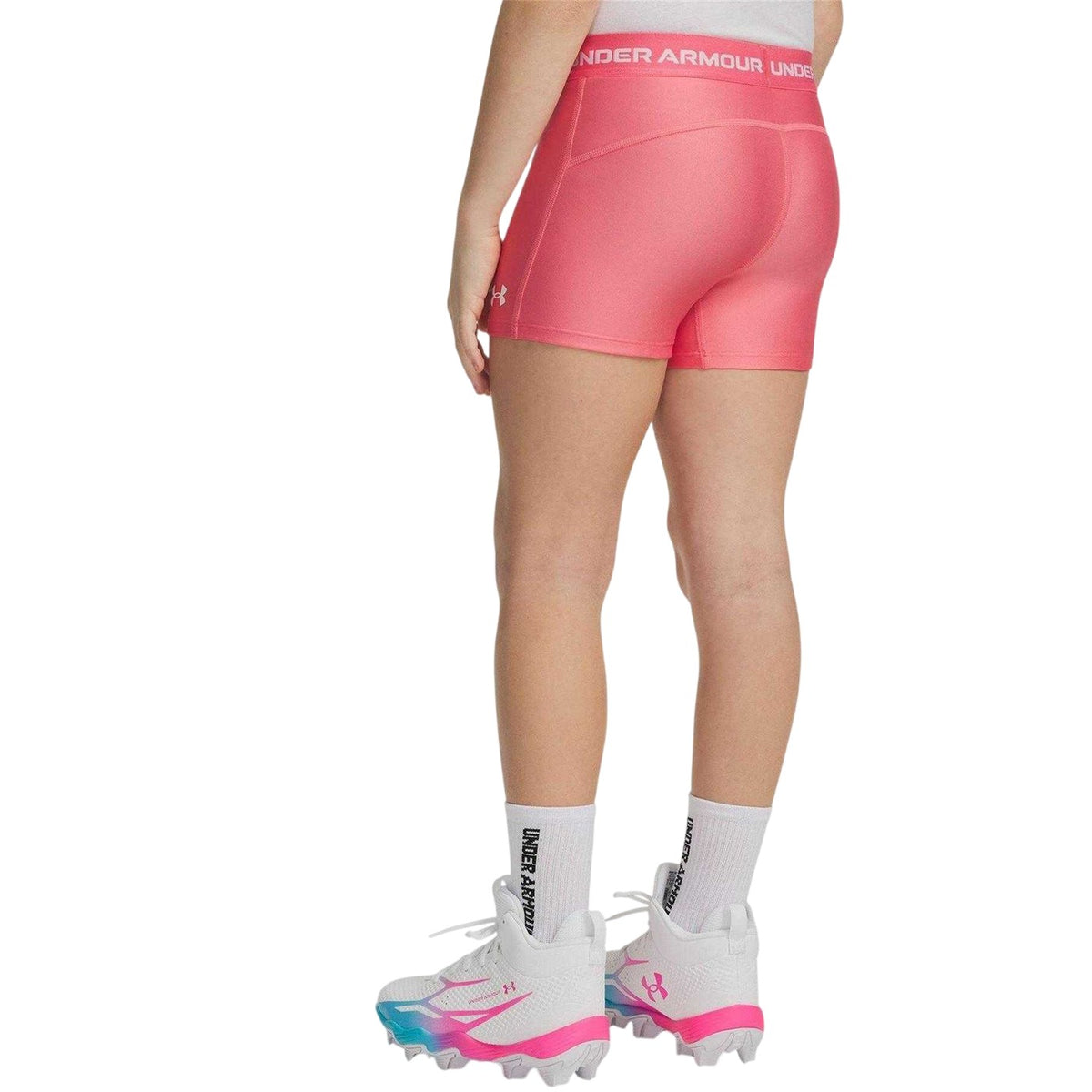 Pink-White - Pack Shot - Under Armour Girls HeatGear Workout Compression Shorts