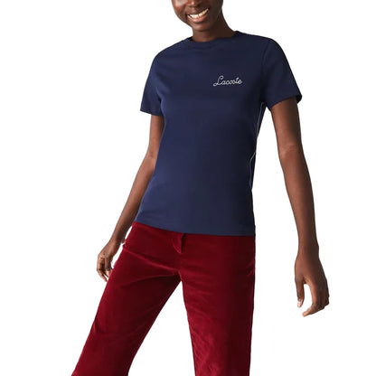Blue - Side - Lacoste Womens-Ladies Embroidered Cotton Crew Neck T-Shirt