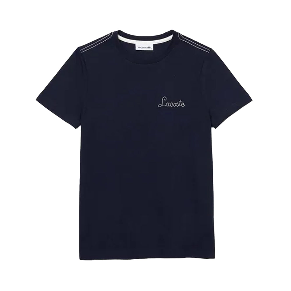 Blue - Front - Lacoste Womens-Ladies Embroidered Cotton Crew Neck T-Shirt