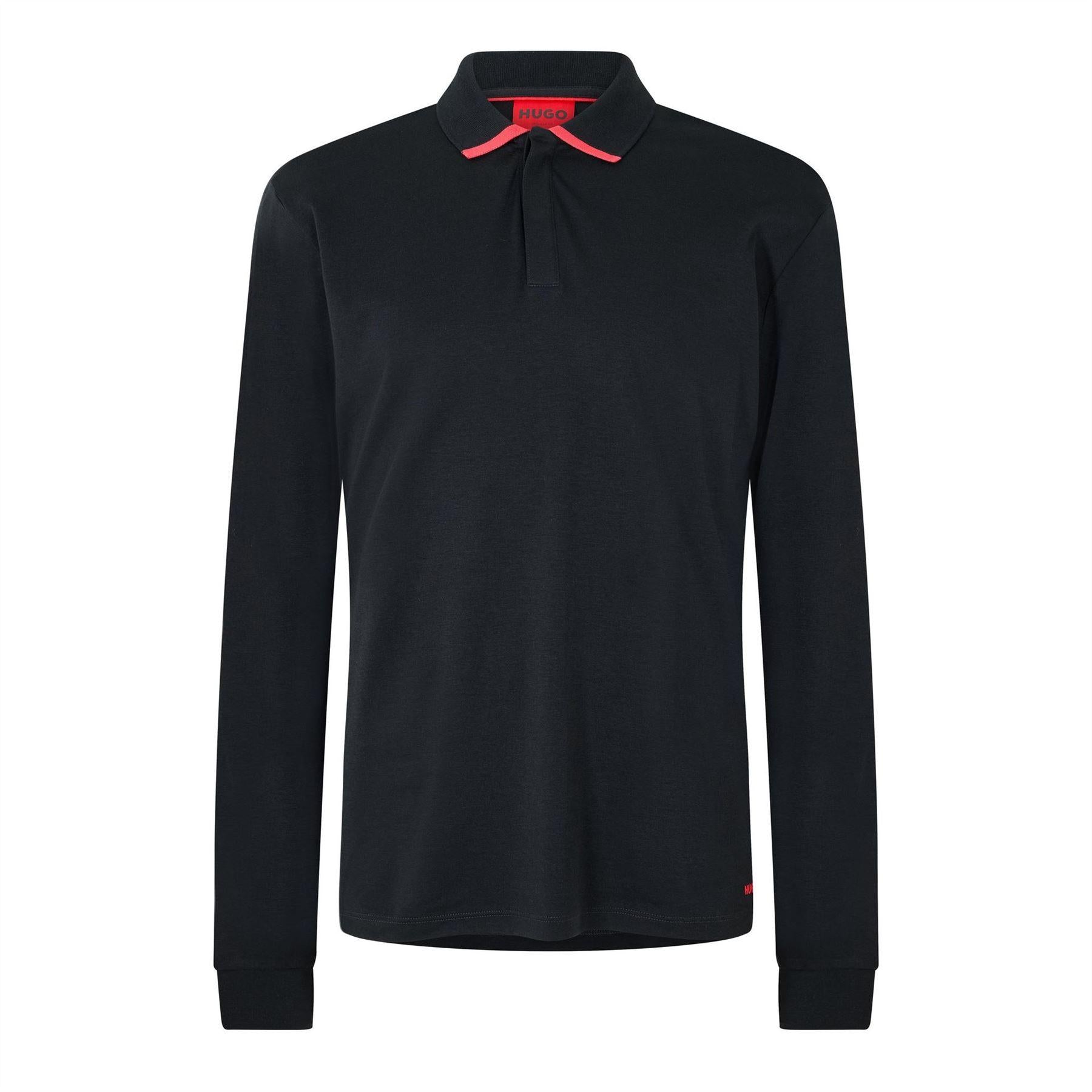 Black - Front - Hugo Mens Plain Long-Sleeved Polo Shirt