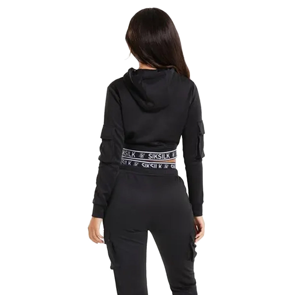 Black - Back - SikSilk Womens-Ladies Cargo Crop Hoodie