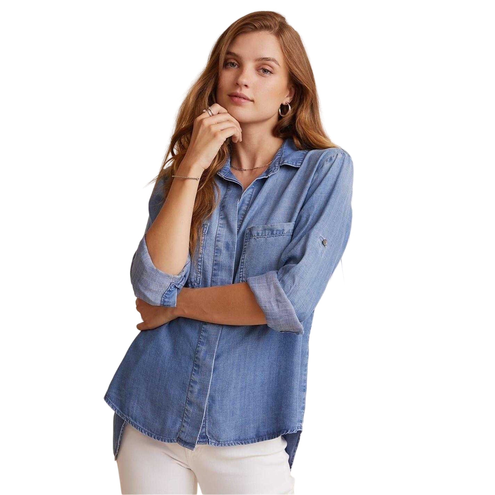 Ombre Blue - Front - Bella Dahl Womens-Ladies Denim Back Slit Relaxed Fit Long-Sleeved Shirt