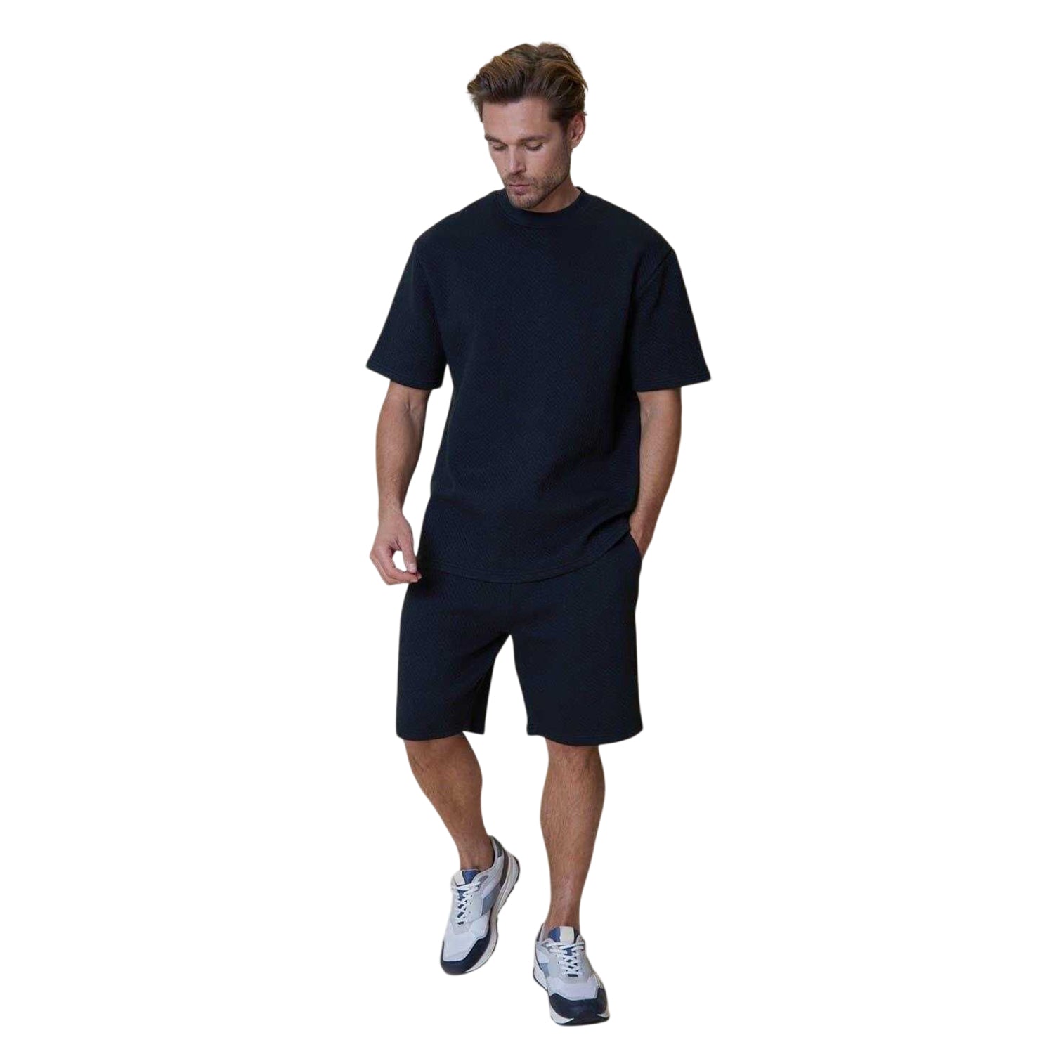 Navy - Side - Threadbare Mens Mitch Textured Shorts