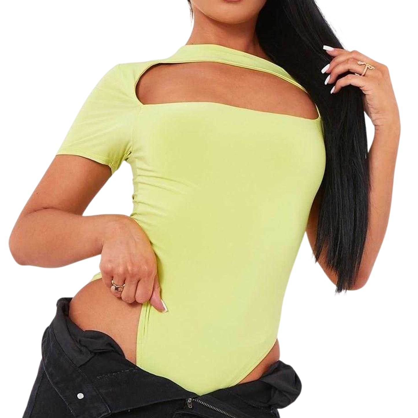 Lime - Back - Missy Empire Womens-Ladies Cut Out Bodycon Short-Sleeved Bodysuit