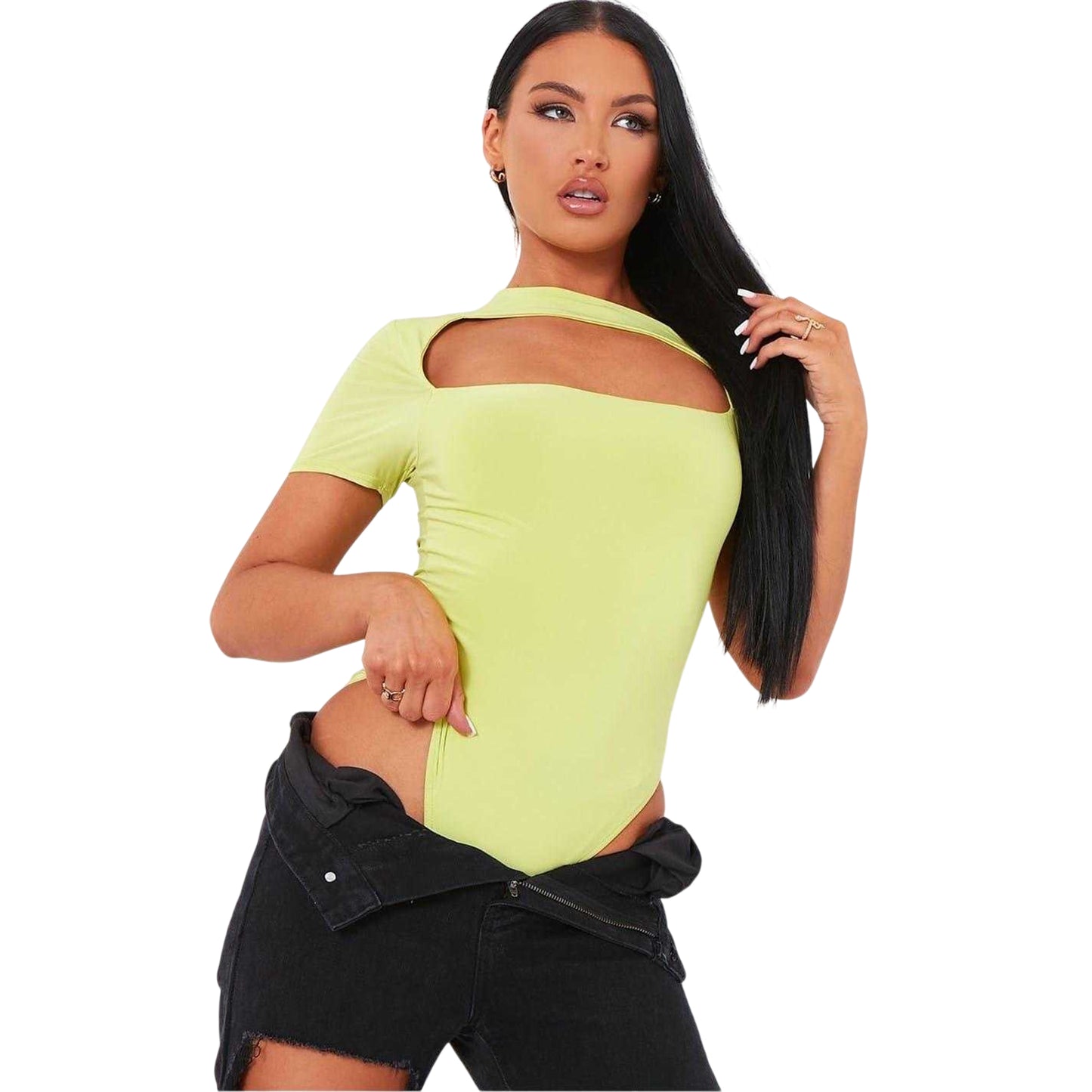 Lime - Front - Missy Empire Womens-Ladies Cut Out Bodycon Short-Sleeved Bodysuit