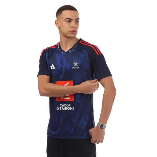 Navy - Front - Adidas Mens France V Neck Regular Football Jersey