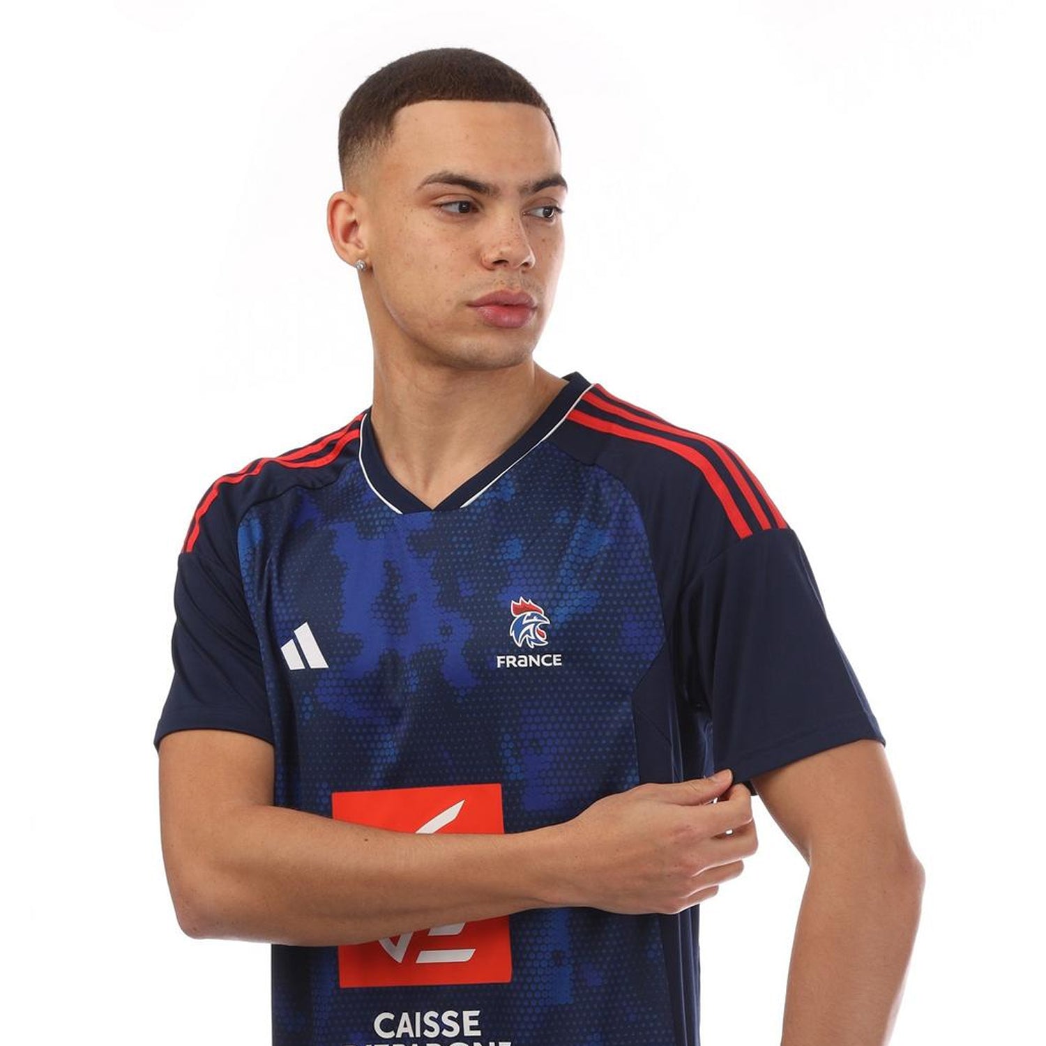 Navy - Side - Adidas Mens France V Neck Regular Football Jersey