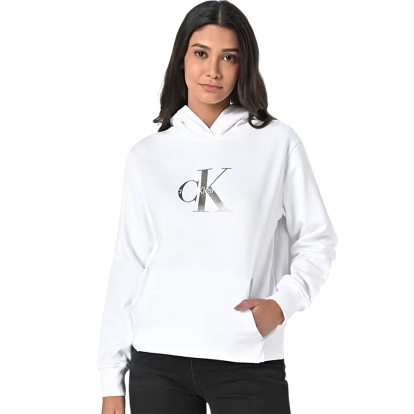 Bright White - Side - Calvin Klein Womens-Ladies Jeans Jersey Logo Hoodie