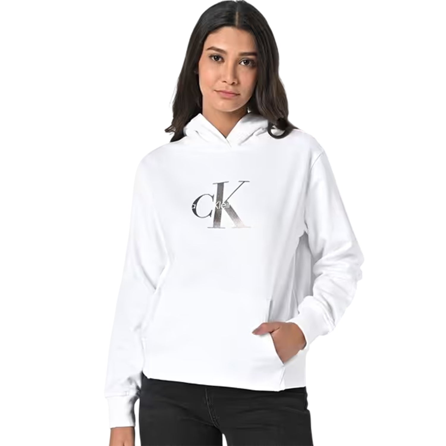 Bright White - Side - Calvin Klein Womens-Ladies Jeans Jersey Logo Hoodie
