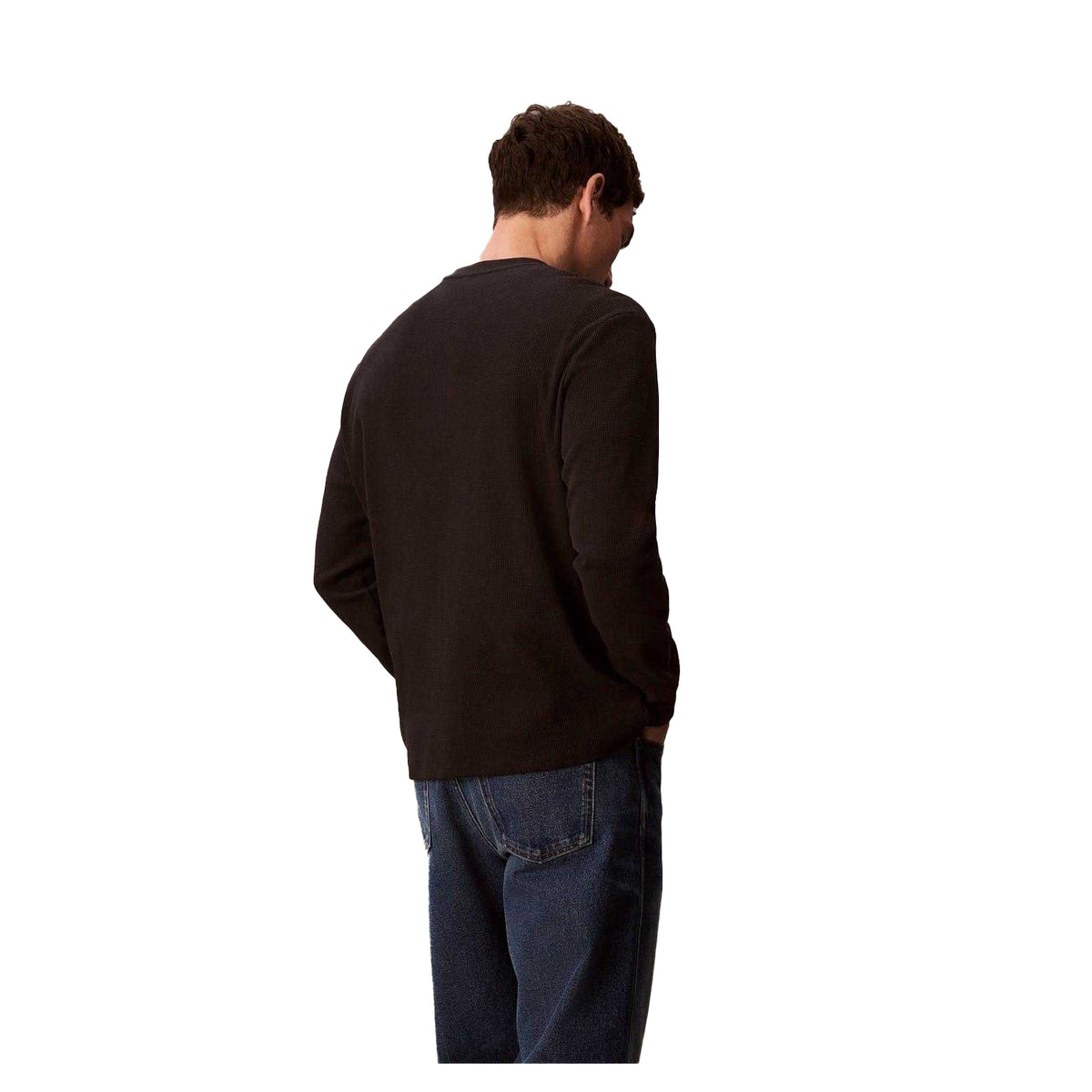 Black - Back - Calvin Klein Mens Waffle Long-Sleeved T-Shirt