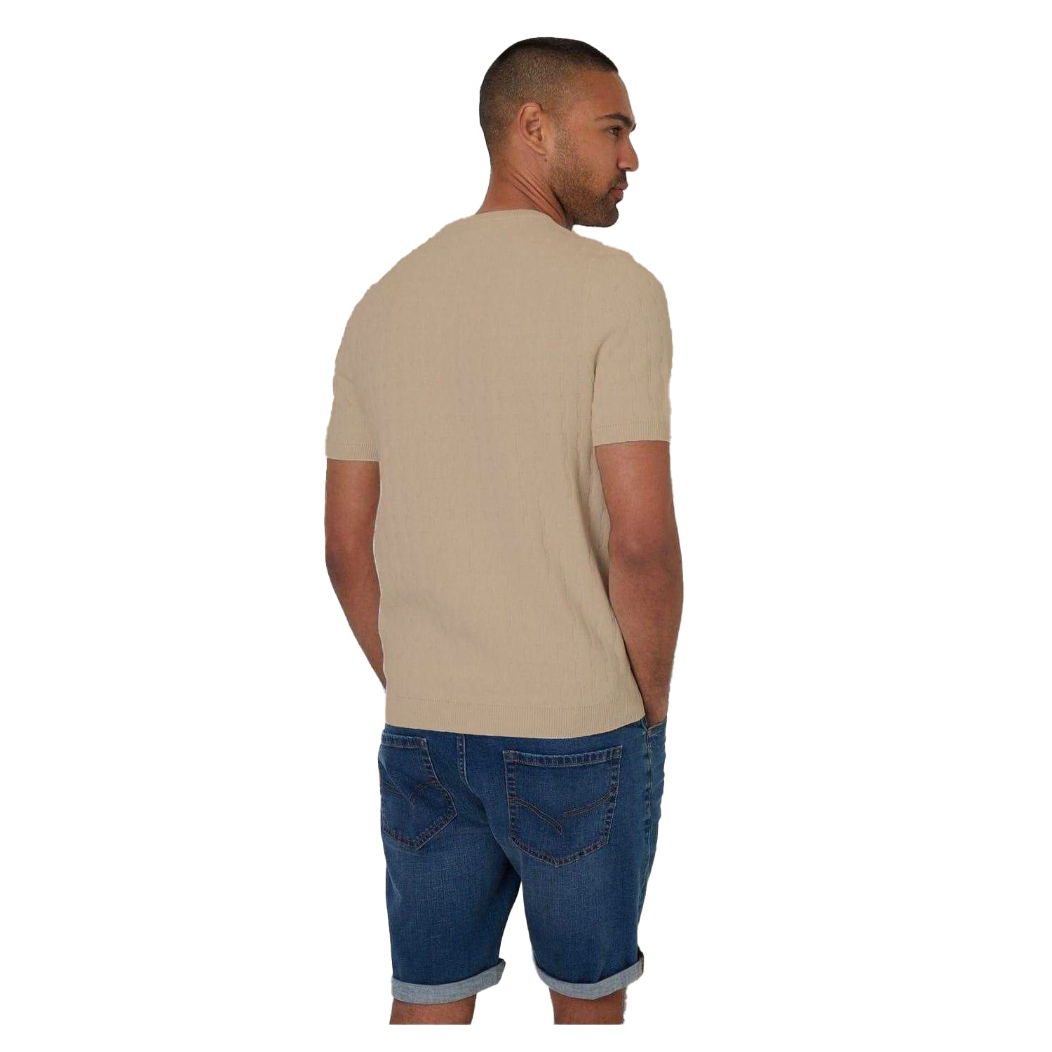 Beige - Back - Threadbare Mens Cable Knit Crew Neck T-Shirt