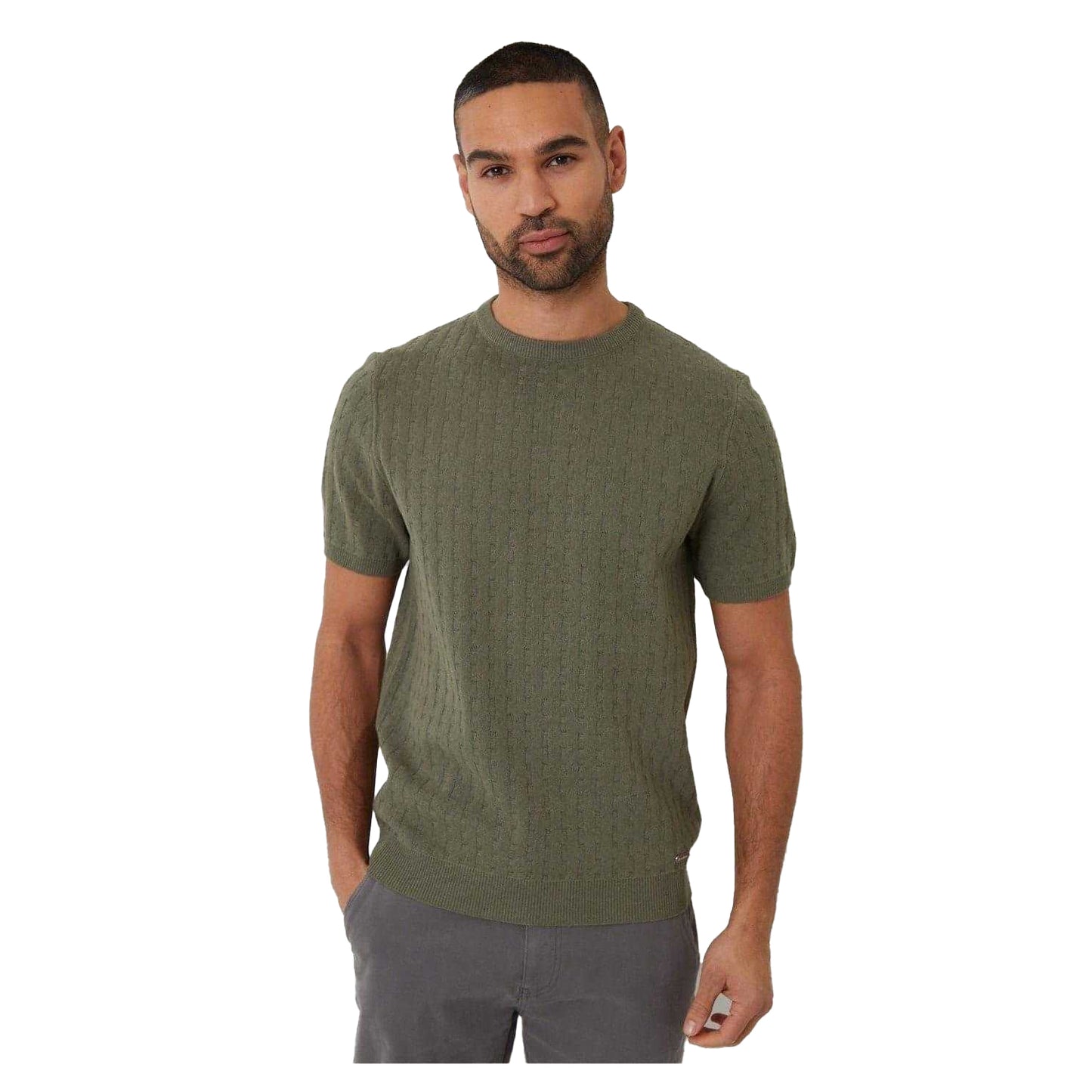 Dark Sage - Front - Threadbare Mens Cable Knit Crew Neck T-Shirt