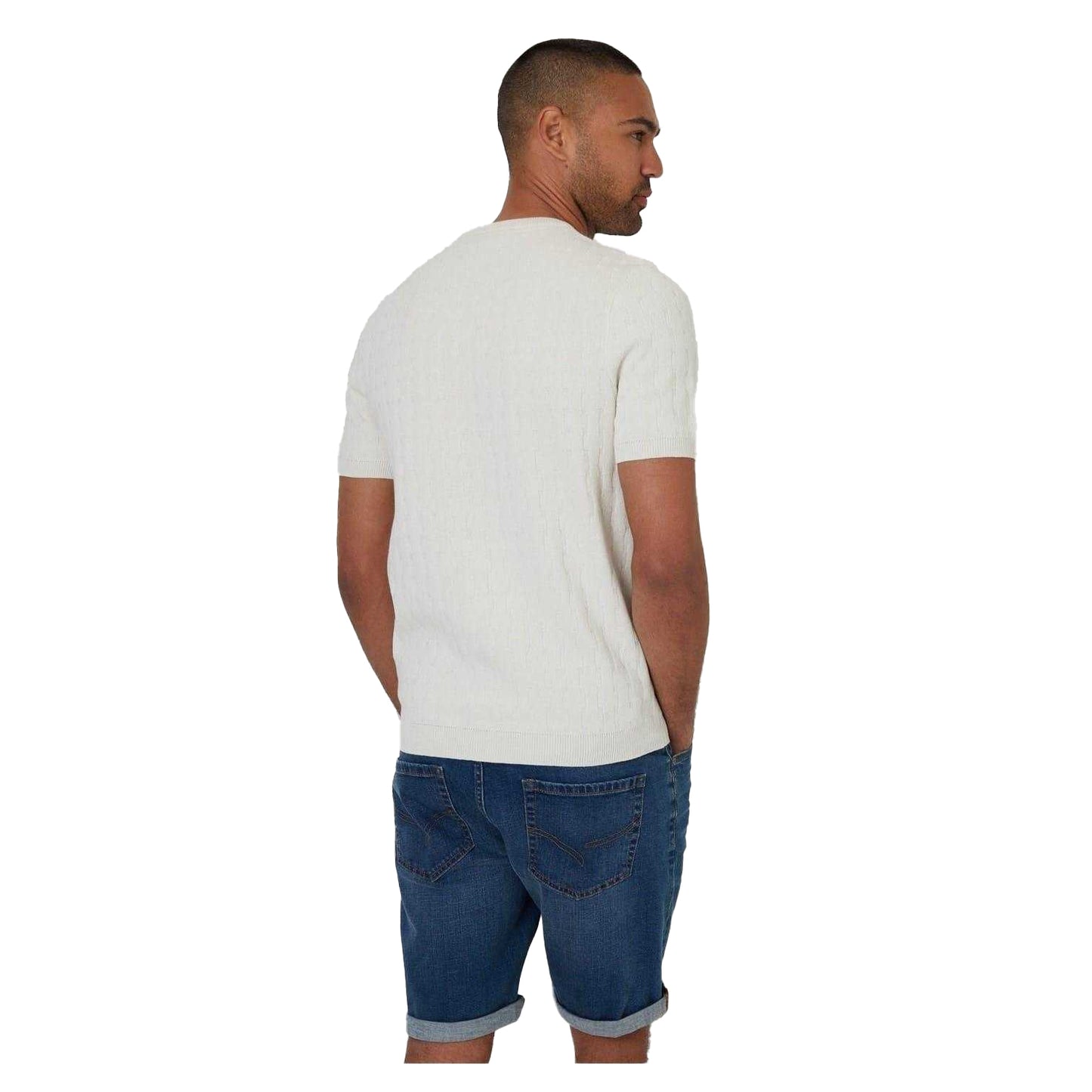 Ecru - Back - Threadbare Mens Cable Knit Crew Neck T-Shirt