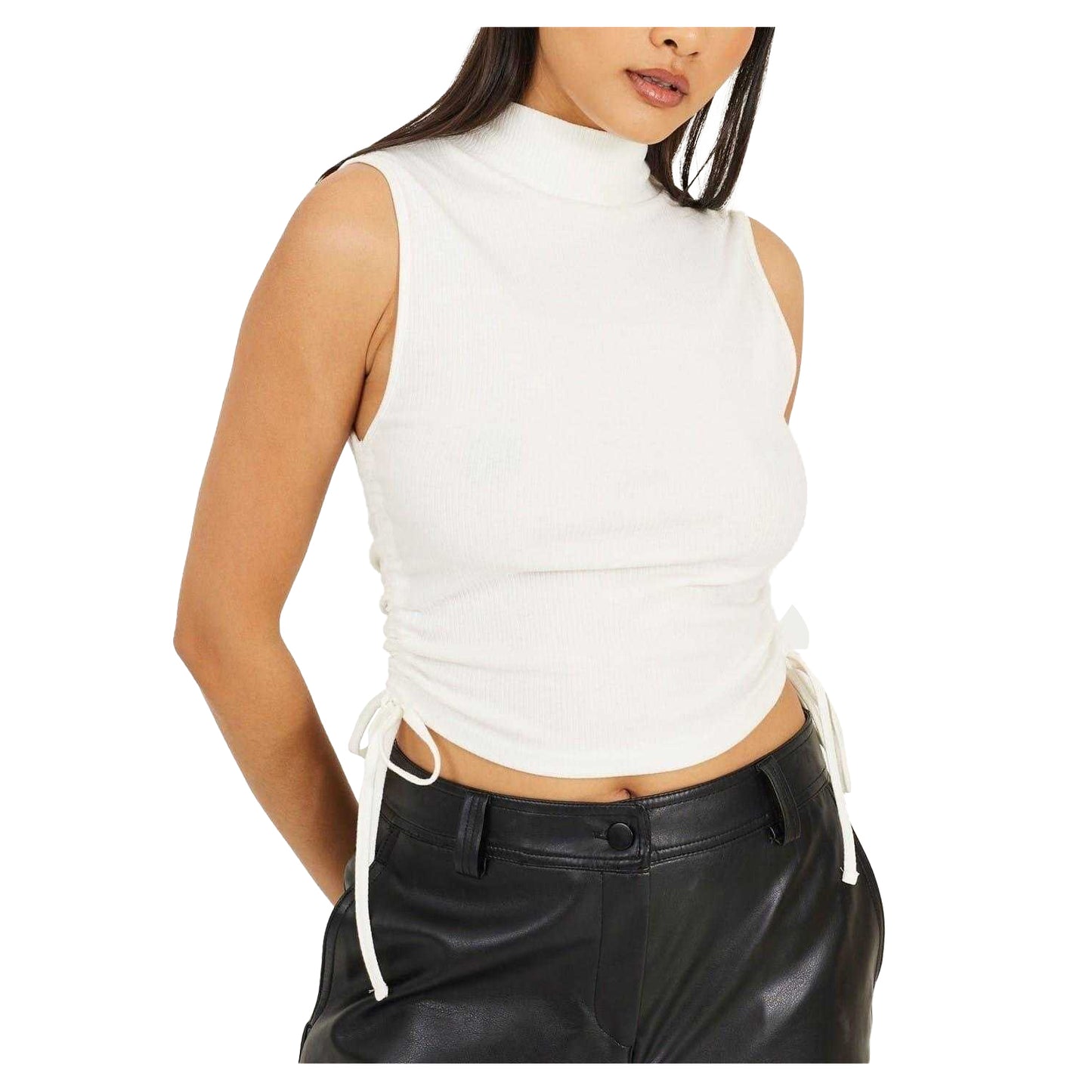 White - Front - Brave Soul Womens-Ladies Ribbed High Collar Top