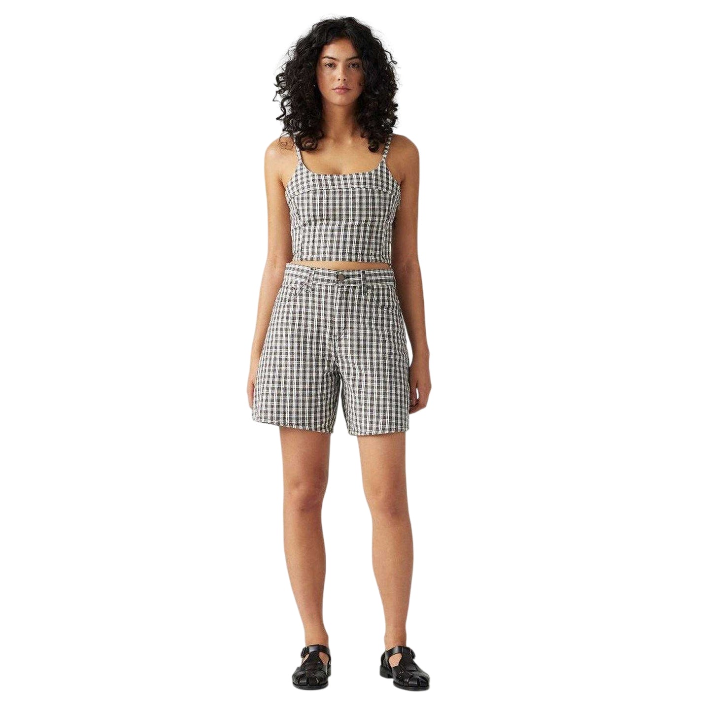 White-Green - Side - Levis Womens-Ladies Milo Denim Plaid Baggy Shorts