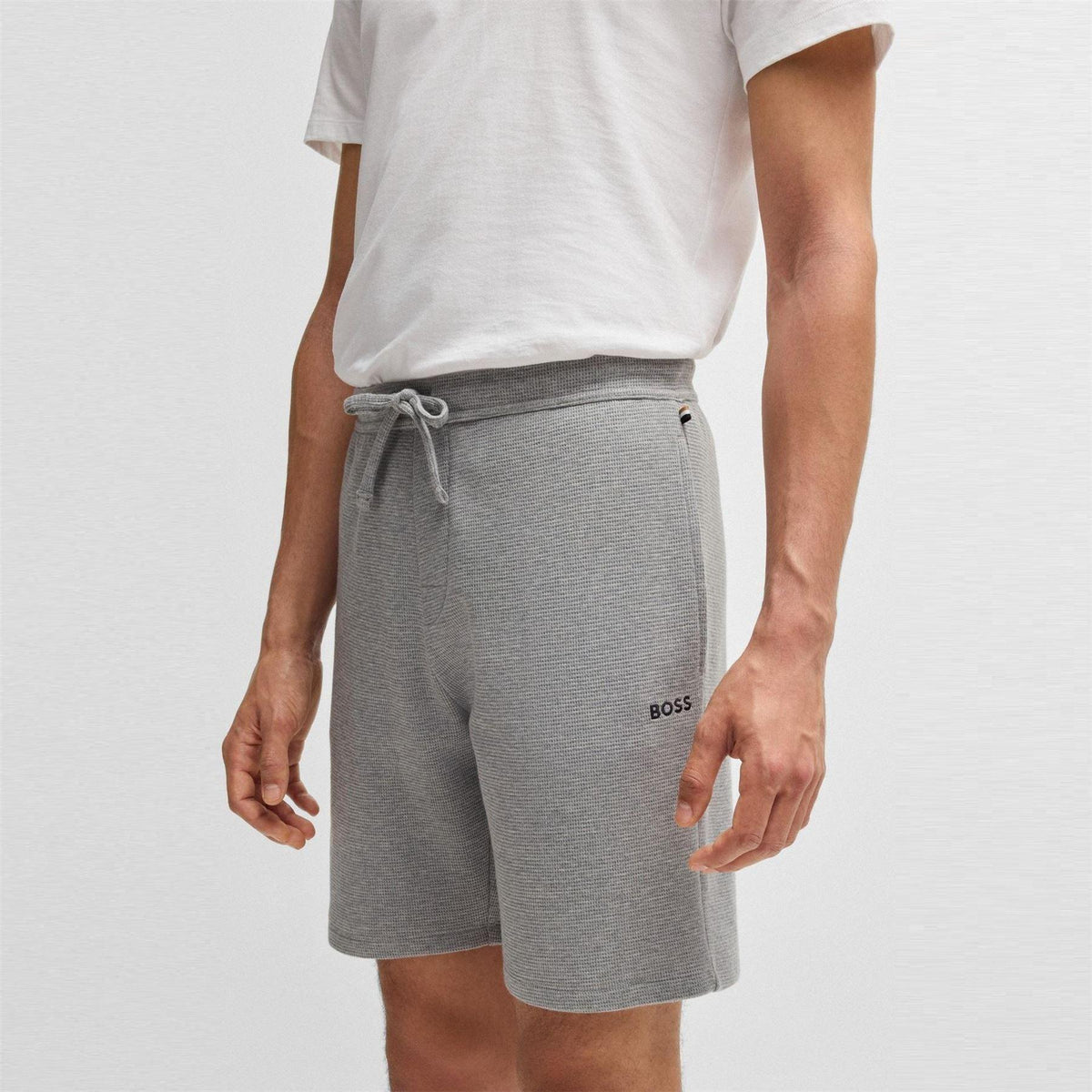 Grey - Pack Shot - Boss Mens Waffle Relaxed Fit Shorts