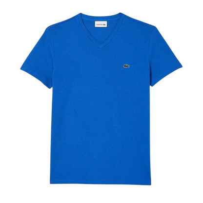 Blue - Front - Lacoste Mens Pima Logo Lightweight V Neck T-Shirt