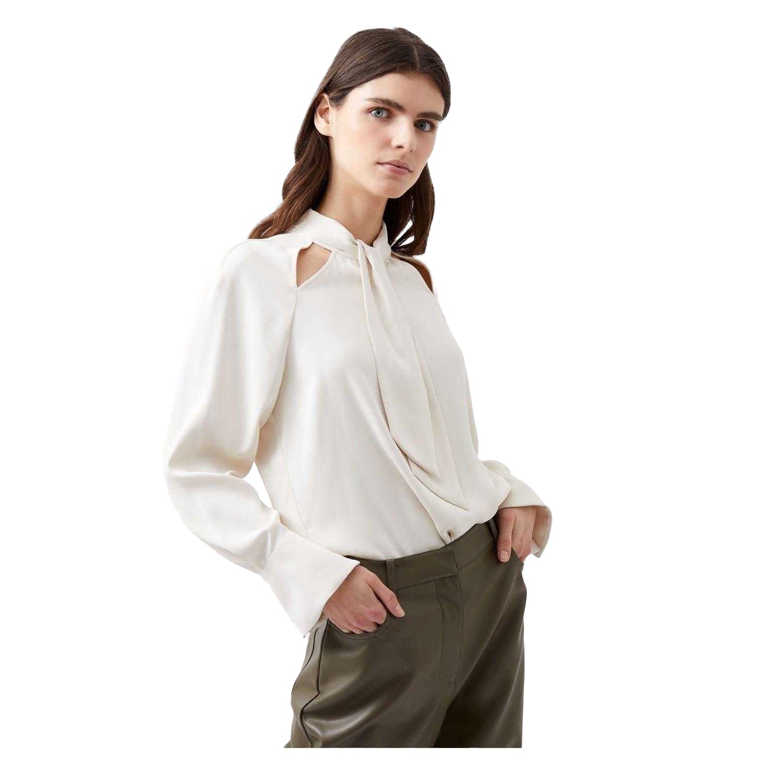 Cream - Back - French Connection Womens-Ladies Carmen Tie Neck Long-Sleeved Blouse