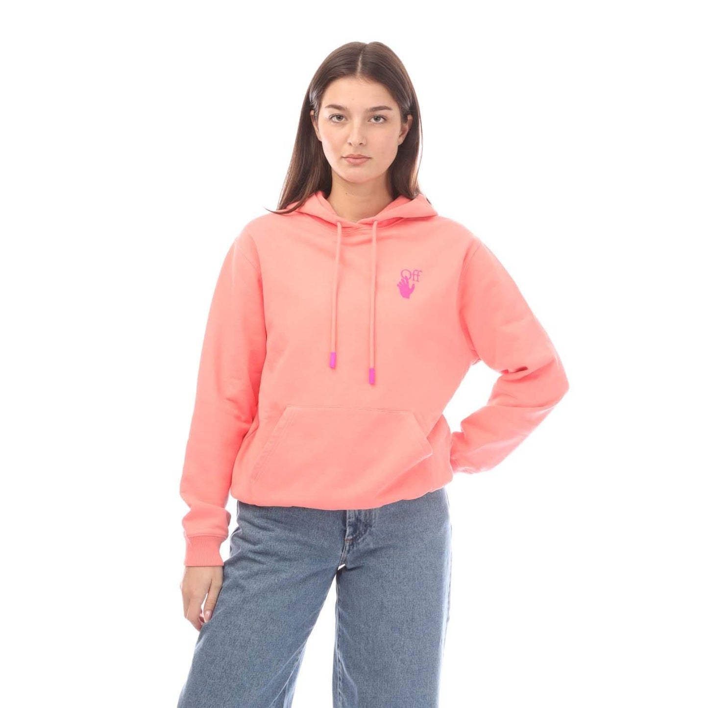 Pink - Front - Off White Womens-Ladies Pocket Hoodie
