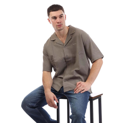 Beige - Side - Boss Mens Logo Knitted Shirt