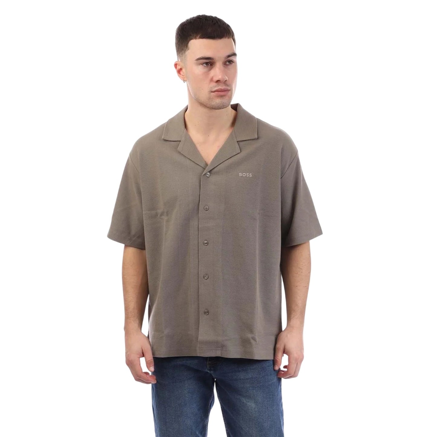 Beige - Front - Boss Mens Logo Knitted Shirt
