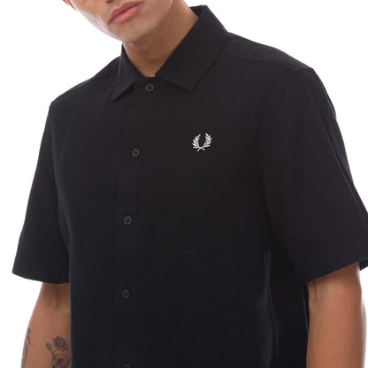Black - Side - Fred Perry Mens Panel Linen Shirt