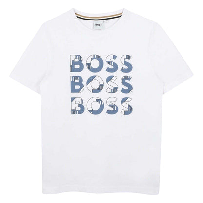 White - Front - Boss Childrens-Kids Logo Cotton Crew Neck Regular T-Shirt