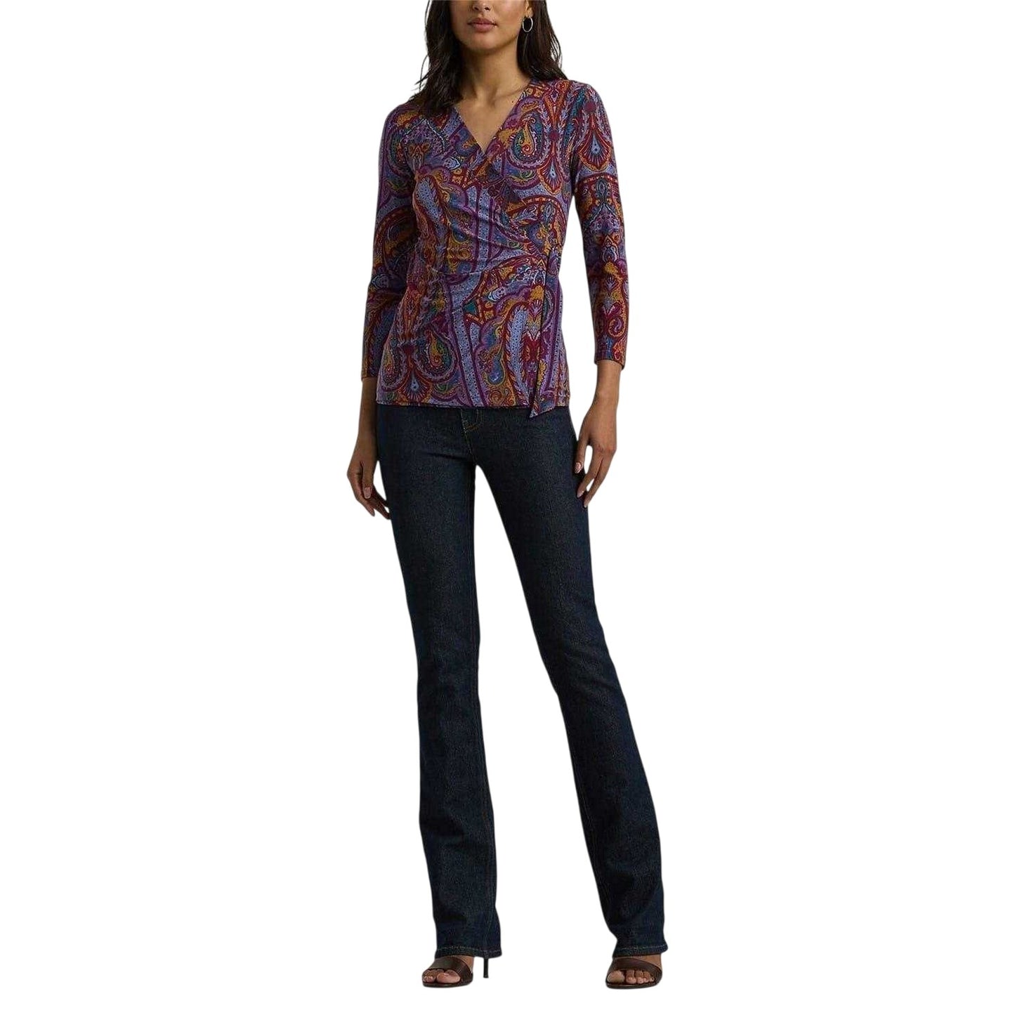 Fuchsia-Multicoloured - Side - Ralph Lauren Womens-Ladies All-Over Print Ruched Wrap Top