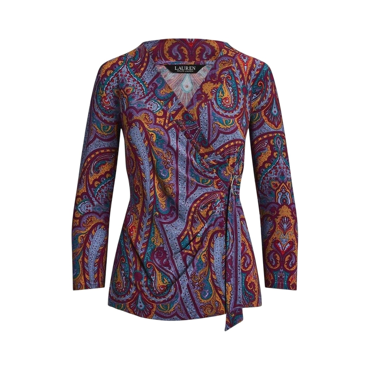 Fuchsia-Multicoloured - Front - Ralph Lauren Womens-Ladies All-Over Print Ruched Wrap Top
