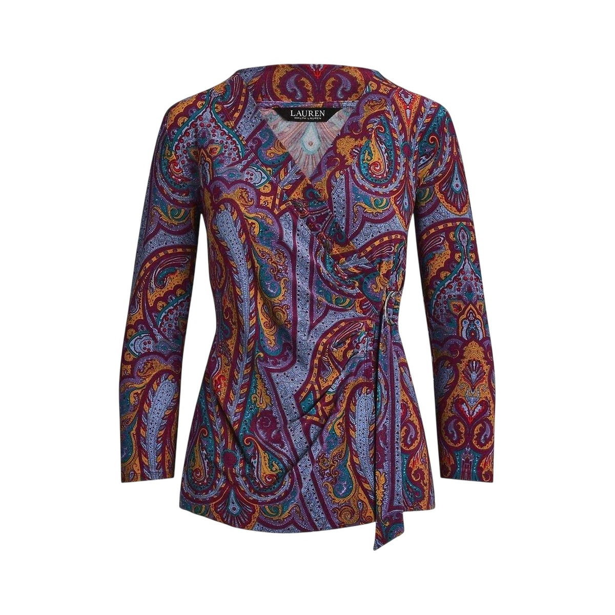 Fuchsia-Multicoloured - Front - Ralph Lauren Womens-Ladies All-Over Print Ruched Wrap Top