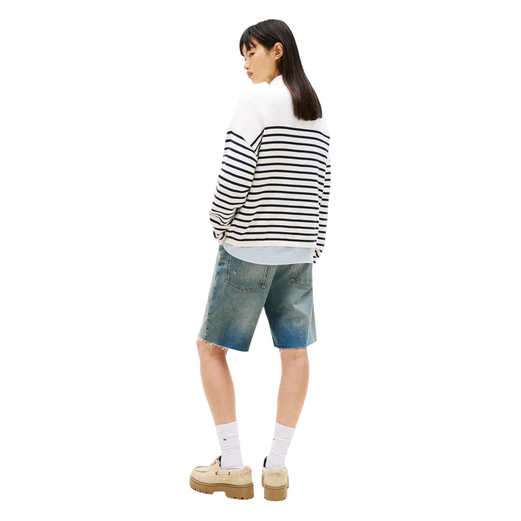 Antique White - Back - Tommy Jeans Womens-Ladies Striped Ribbed Crew Neck Sweatshirt