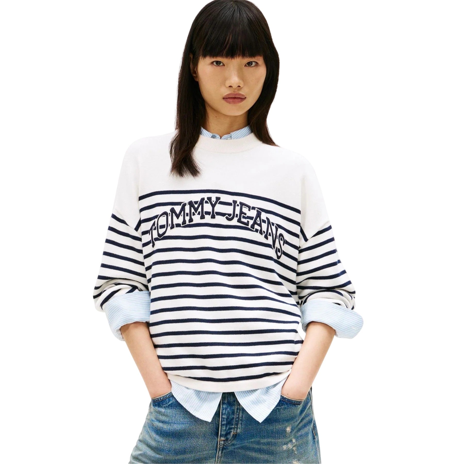 Antique White - Side - Tommy Jeans Womens-Ladies Striped Ribbed Crew Neck Sweatshirt