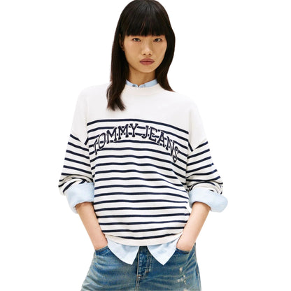 Antique White - Side - Tommy Jeans Womens-Ladies Striped Ribbed Crew Neck Sweatshirt