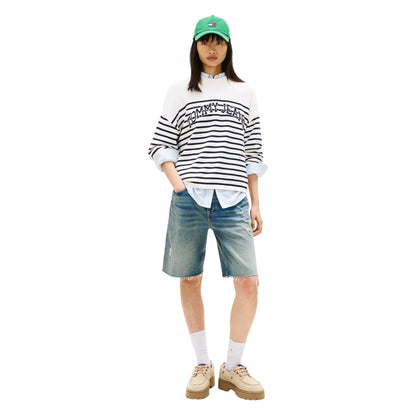 Antique White - Lifestyle - Tommy Jeans Womens-Ladies Striped Ribbed Crew Neck Sweatshirt