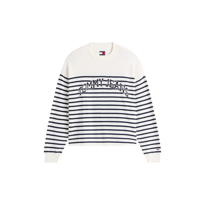 Antique White - Front - Tommy Jeans Womens-Ladies Striped Ribbed Crew Neck Sweatshirt