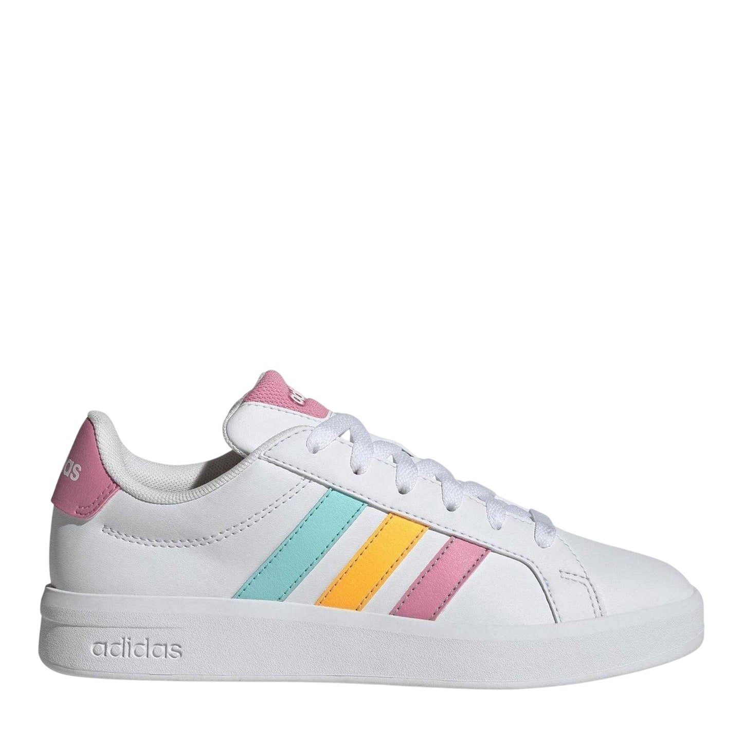 White-Tangerine-Pink - Side - Adidas Childrens-Kids Grand Court Striped Trainers