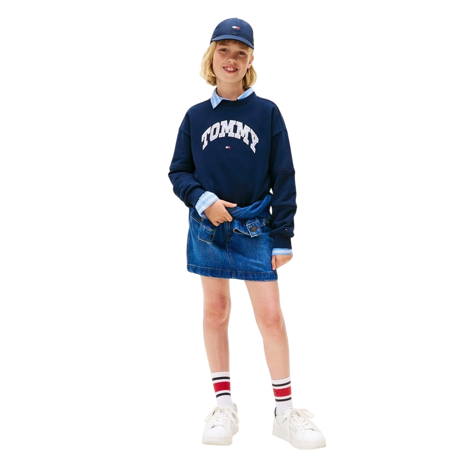 Night Navy - Side - Tommy Hilfiger Childrens-Kids Varsity Cotton Blend Crew Neck Sweatshirt